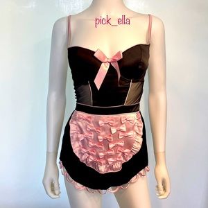 34C VS Victoria’s Secret Sexy French Maid Apron Costume Black Satin Pink bows